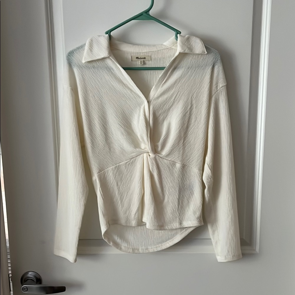 Madewell Cream Button Down Blouse with Tie Front and Notched Collar
